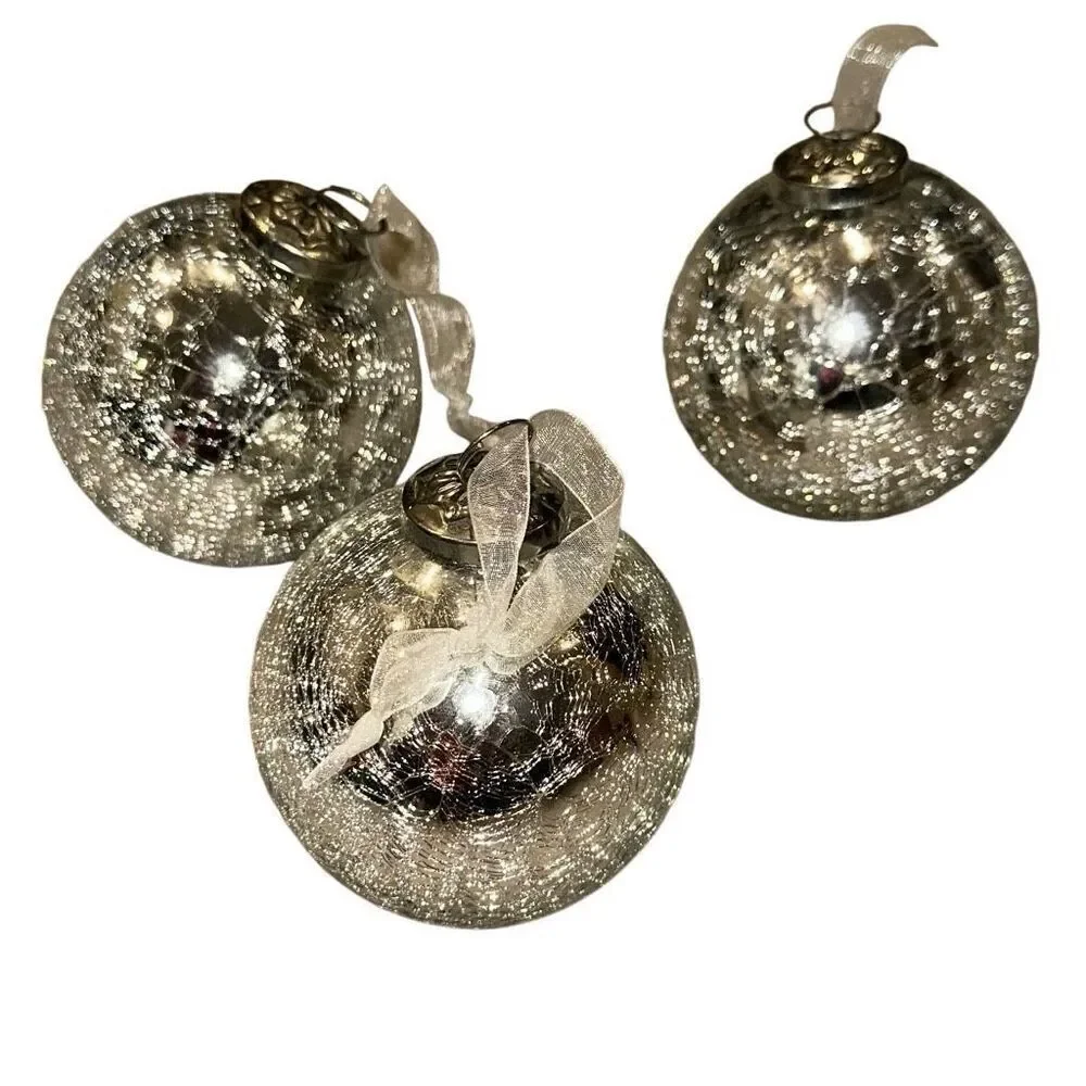 3 Vintage Kugel Ornaments Silver Glass Crackle Mercury Glass Christmas ornament